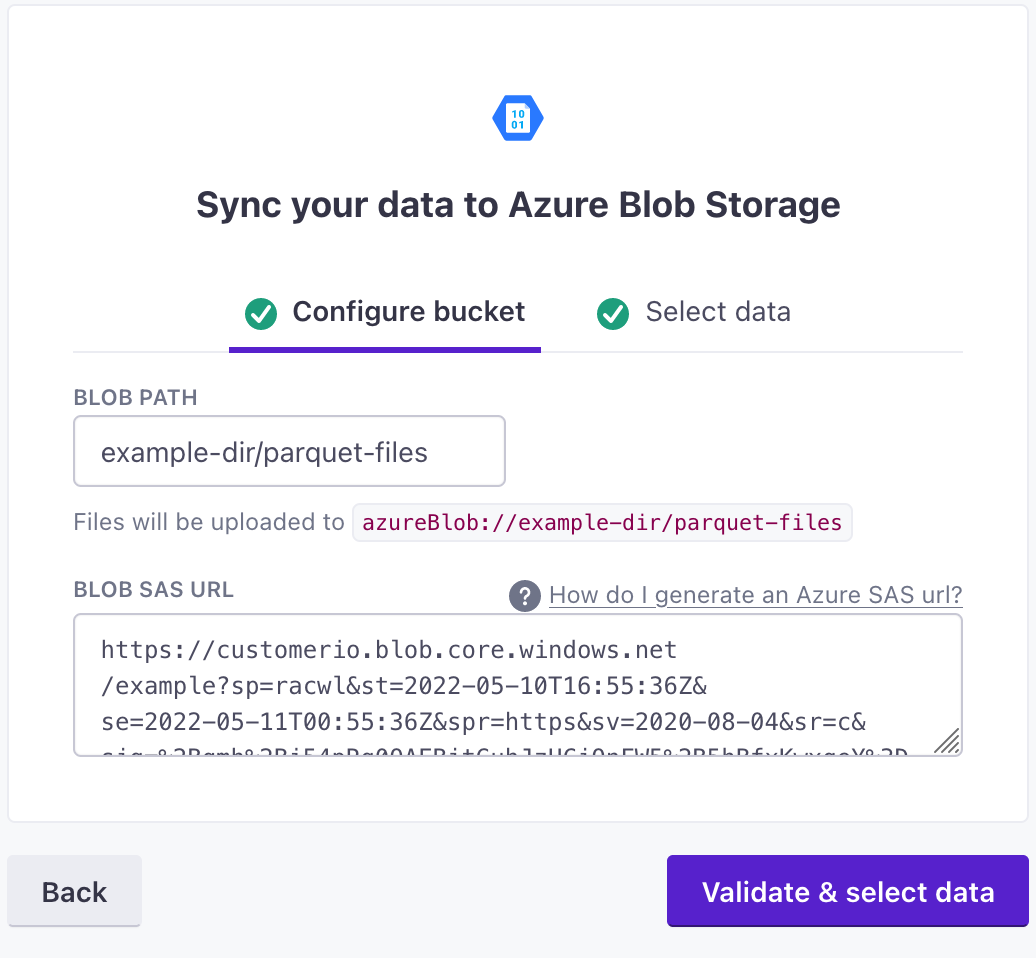 Add your blob storage path and URL