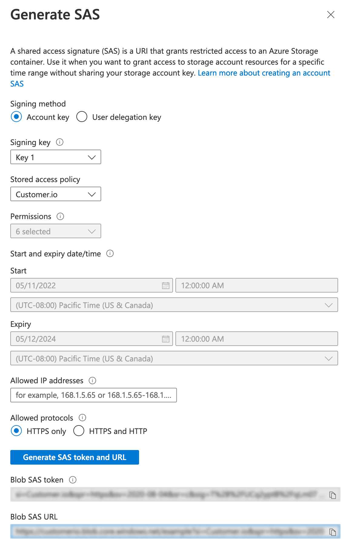 Set up your SAS token in the Azure dashboard