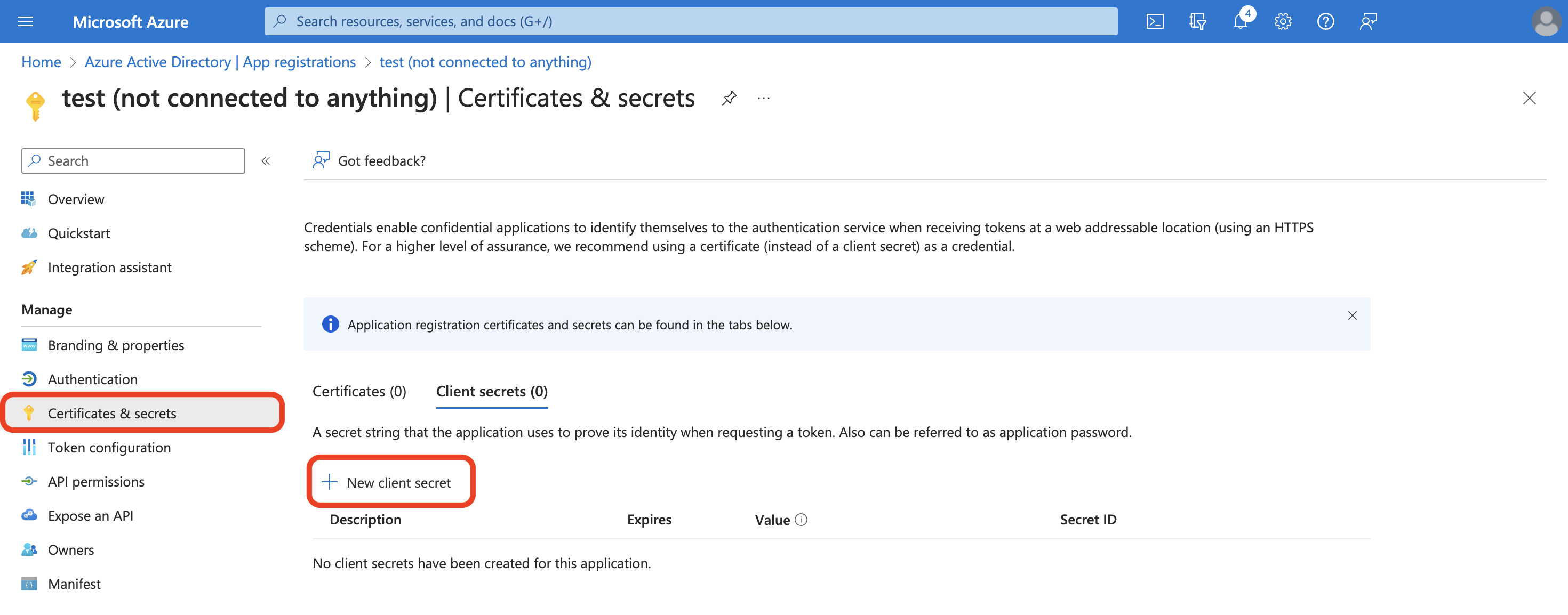Certificates and secrets is selected in the left hand menu. The button New client secret is located under the tab Client secrets.