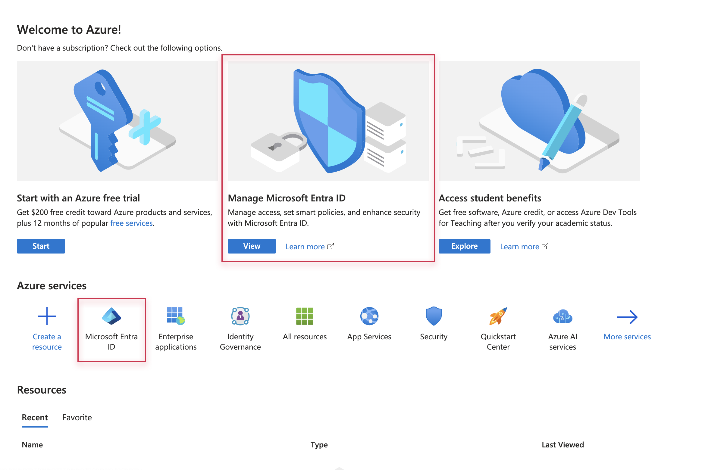 On the Azure landing page, there are three horizontal sections. The top section is titled Welcome to Azure! Below that is Azure services. And below that is Resources. Under Welcome to Azure, the second item from the left reads Manage Microsoft Entra ID with a button labeled View. Under Azure services, the second item from the left is Microsoft Entra ID, which you can also click to start setting up Azure SSO.