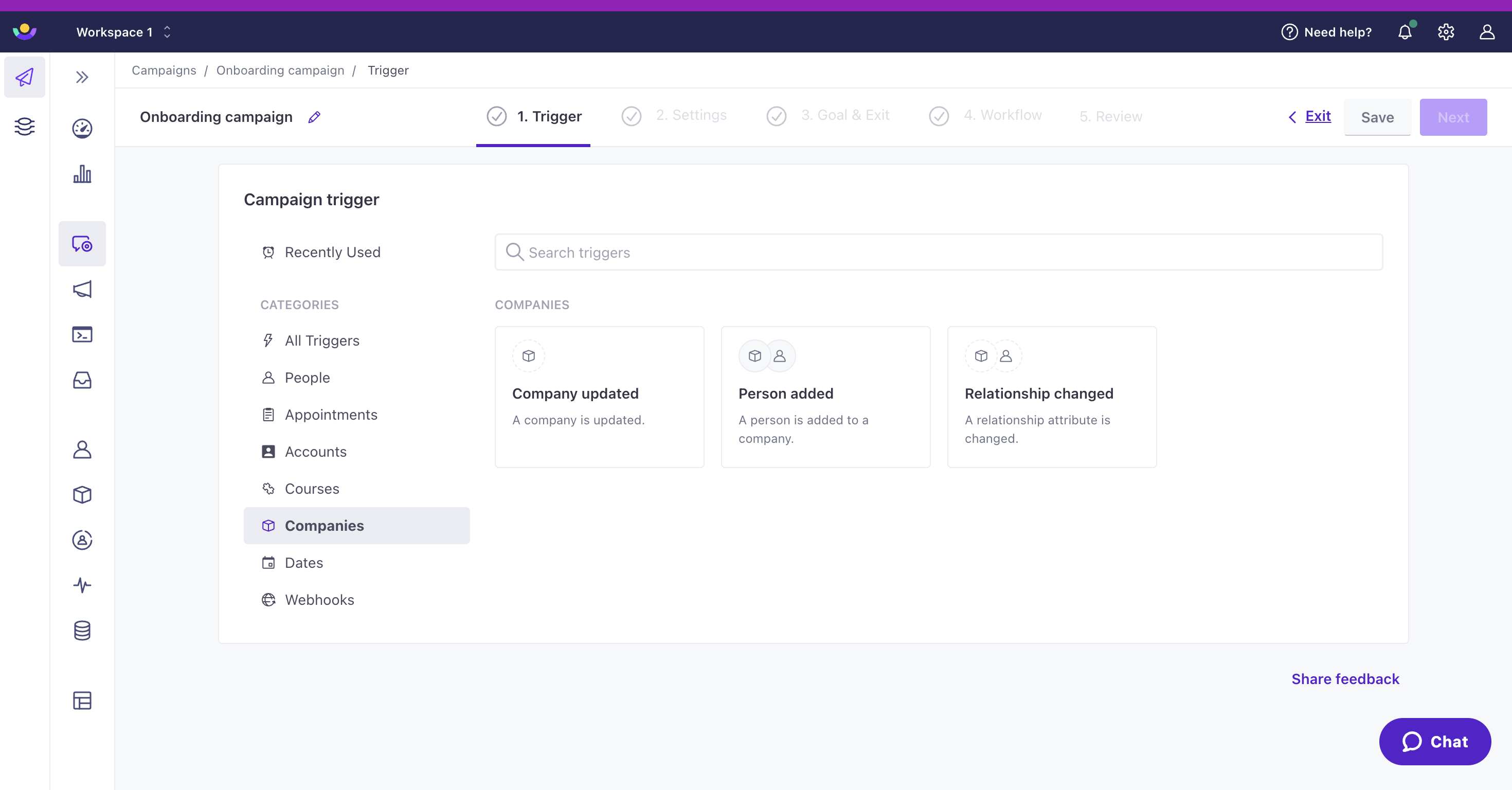 The new campaign trigger selection page where Companies, one of the object types in the workspace, is selected. There are three trigger options: Company updated, Person added, and Relationship changed.