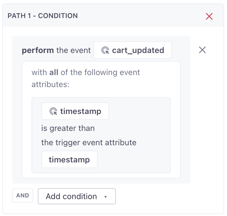 Within Path 1 of the Wait Until, select `cart_updated` is performed. Then add event data such that the time stamp of the cart update is greater than the timestamp of the trigger event.