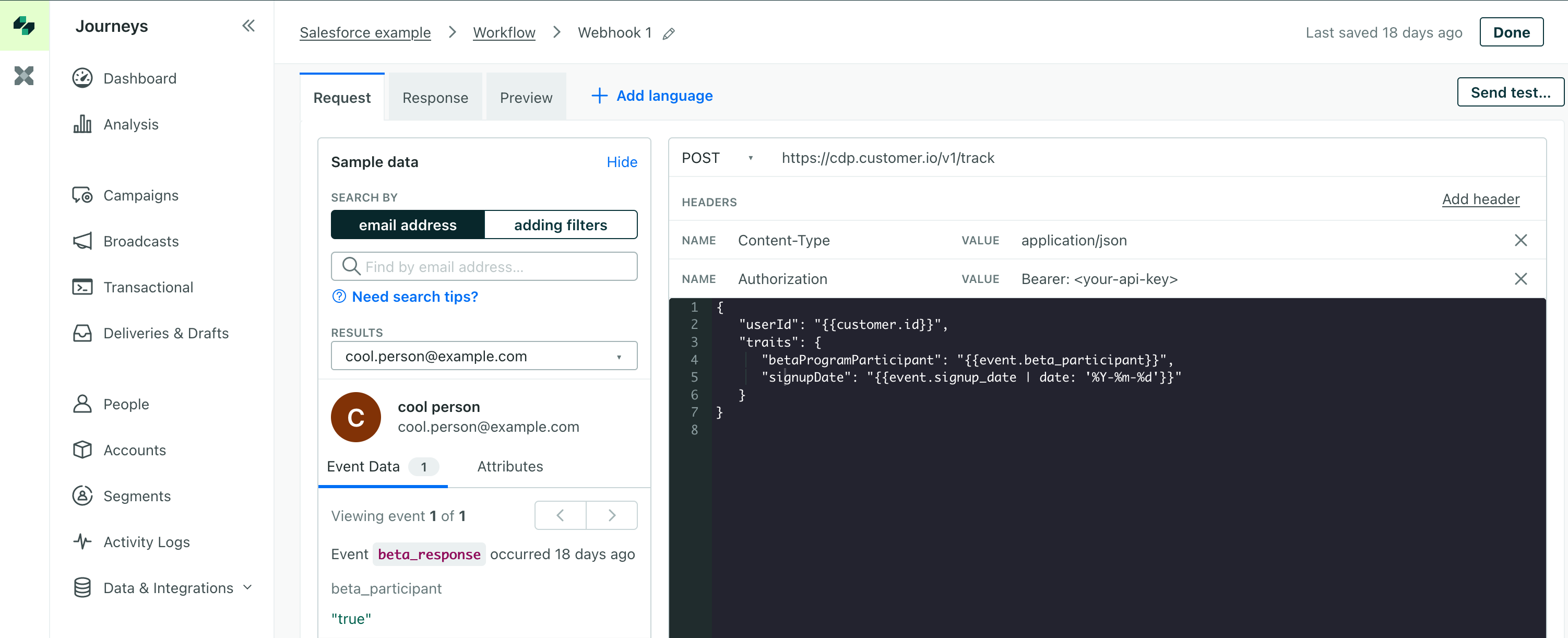set up your webhook to send a track call to the data pipelines API. We'll forward this data to your Salesforce destination.