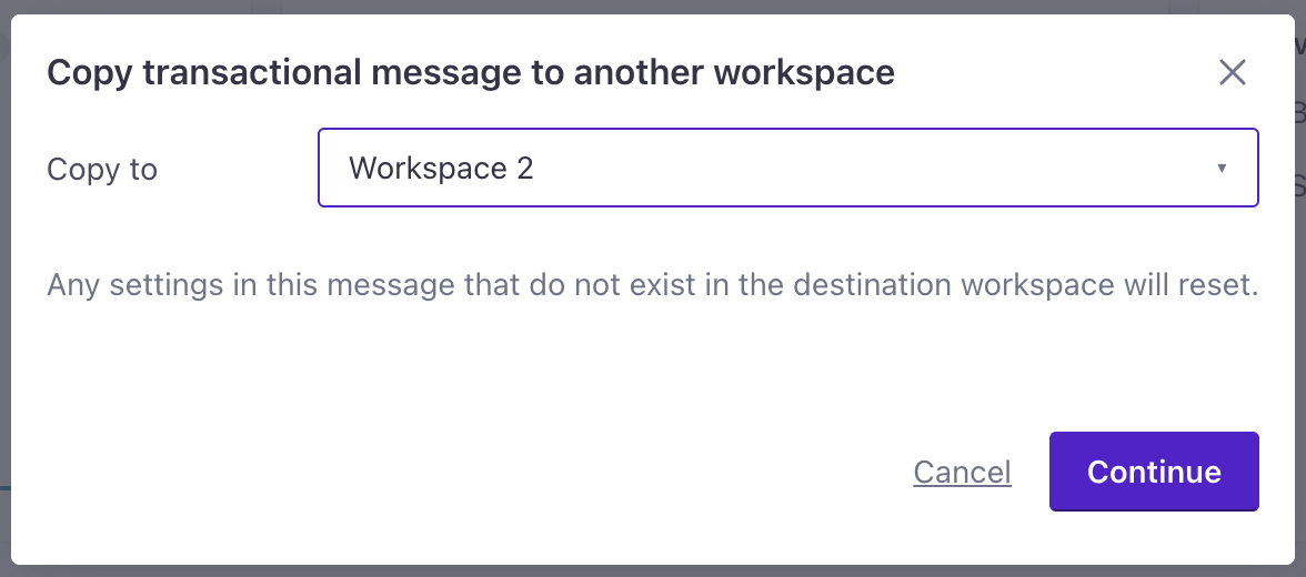 The modal reads: copy transactional message to another workspace. Below that, a workspace titled Workspace 2 is selected. Below that is the caveat that any settings in this message that do not exist in the destination workspace will reset.