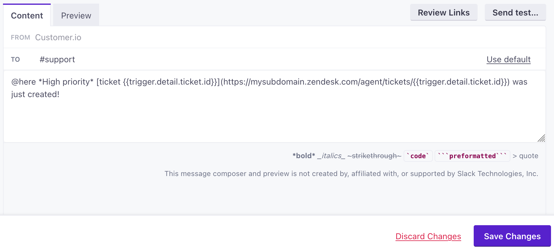 Write your slack message based on the Zendesk ticket