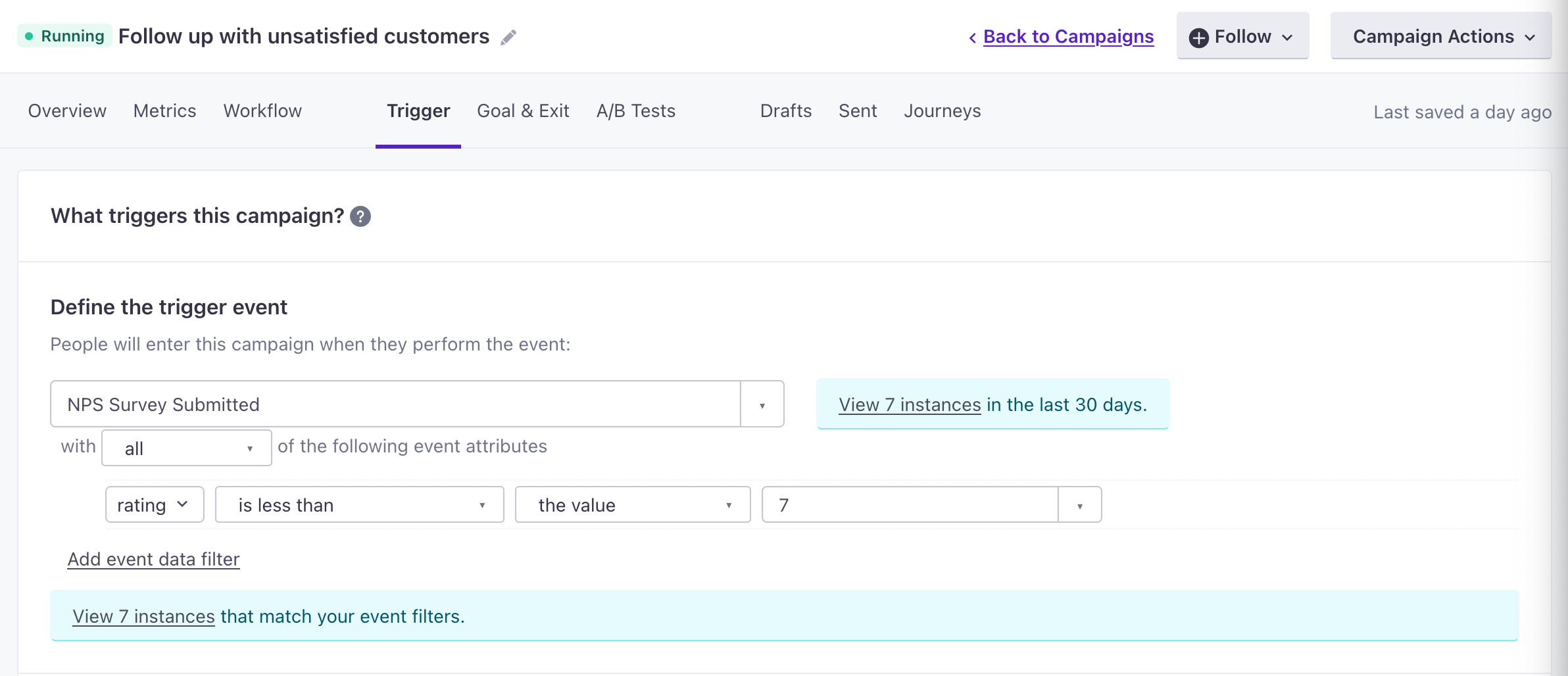 set up an event trigger based on your data campaign