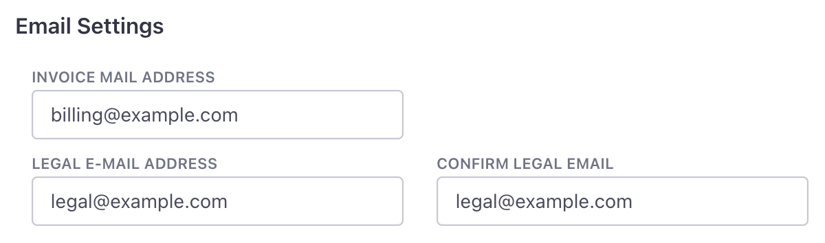A screenshot showing a section of Edit Account Information in Account settings. Under Email Settings, there's a text-entry field titled Legal E-mail Address. And to the right is another field titled Confirm Legal Email. In both fields is legal@example.com.