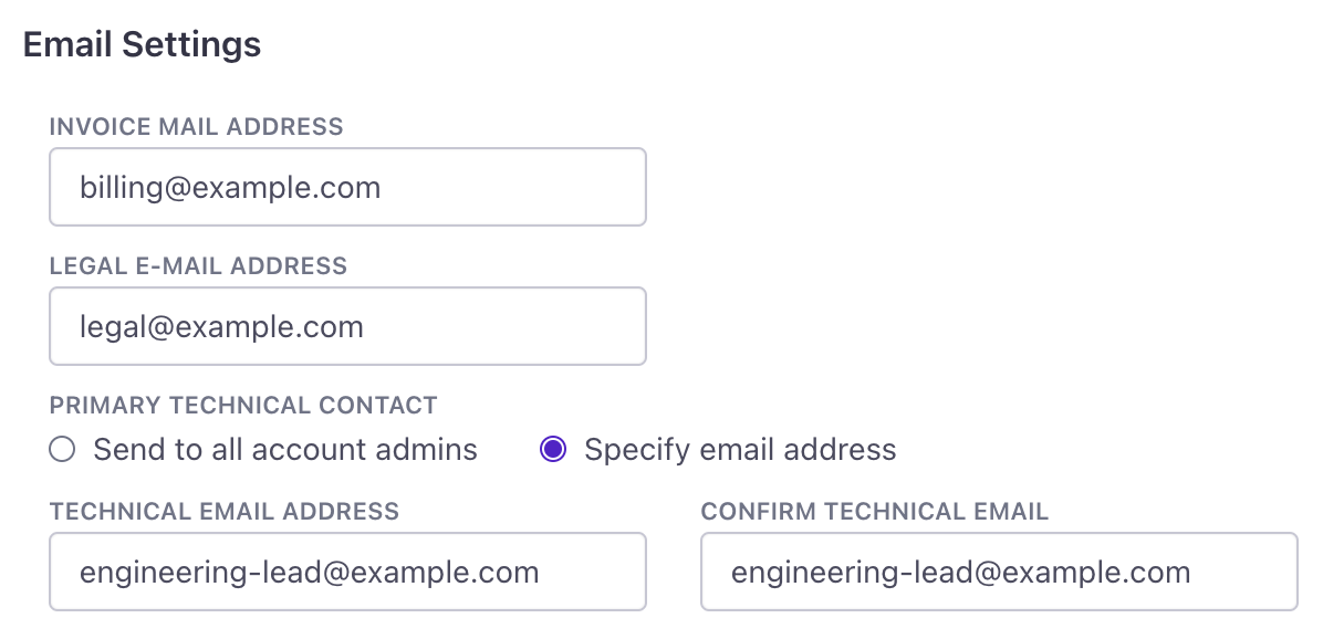 A screenshot showing a section of Edit Account Information in Account settings. Under Email Settings, there's a field titled Primary Technical Contact. Underneath that are two radial options. To the left is Send to all account admins. To the right is Specify email address, which is selected. Under that is a text-entry field titled Technical Email Address. And to the right is another field titled Confirm Technical Email. In both fields is engineering-lead@example.com.