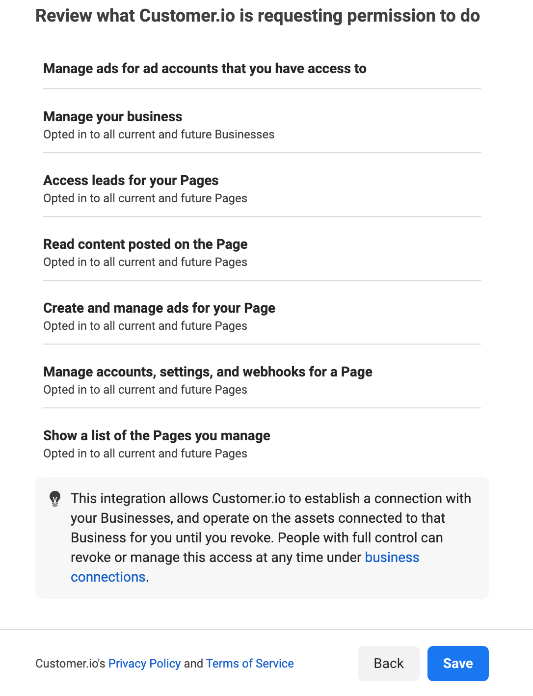 The authorization flow shows the permissions Customer.io needs