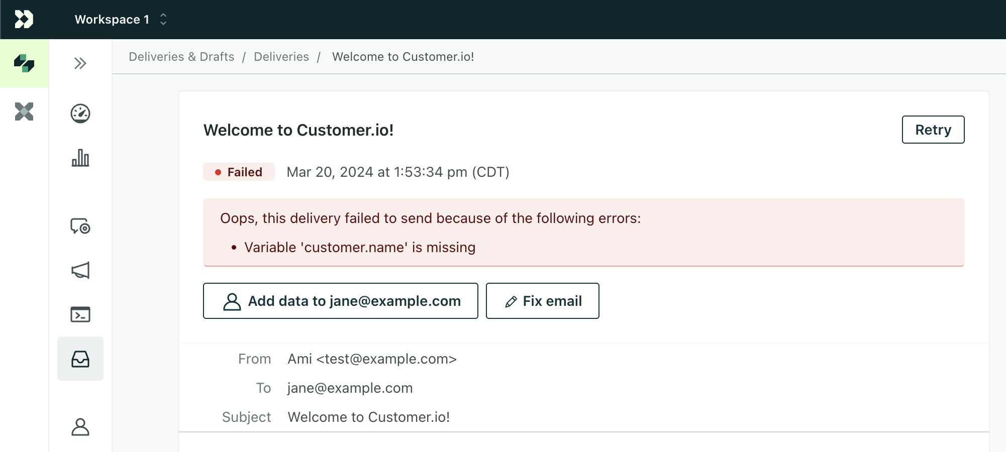 In the top left of a delivery detail page for a failed message, there is an error outlined in red.
