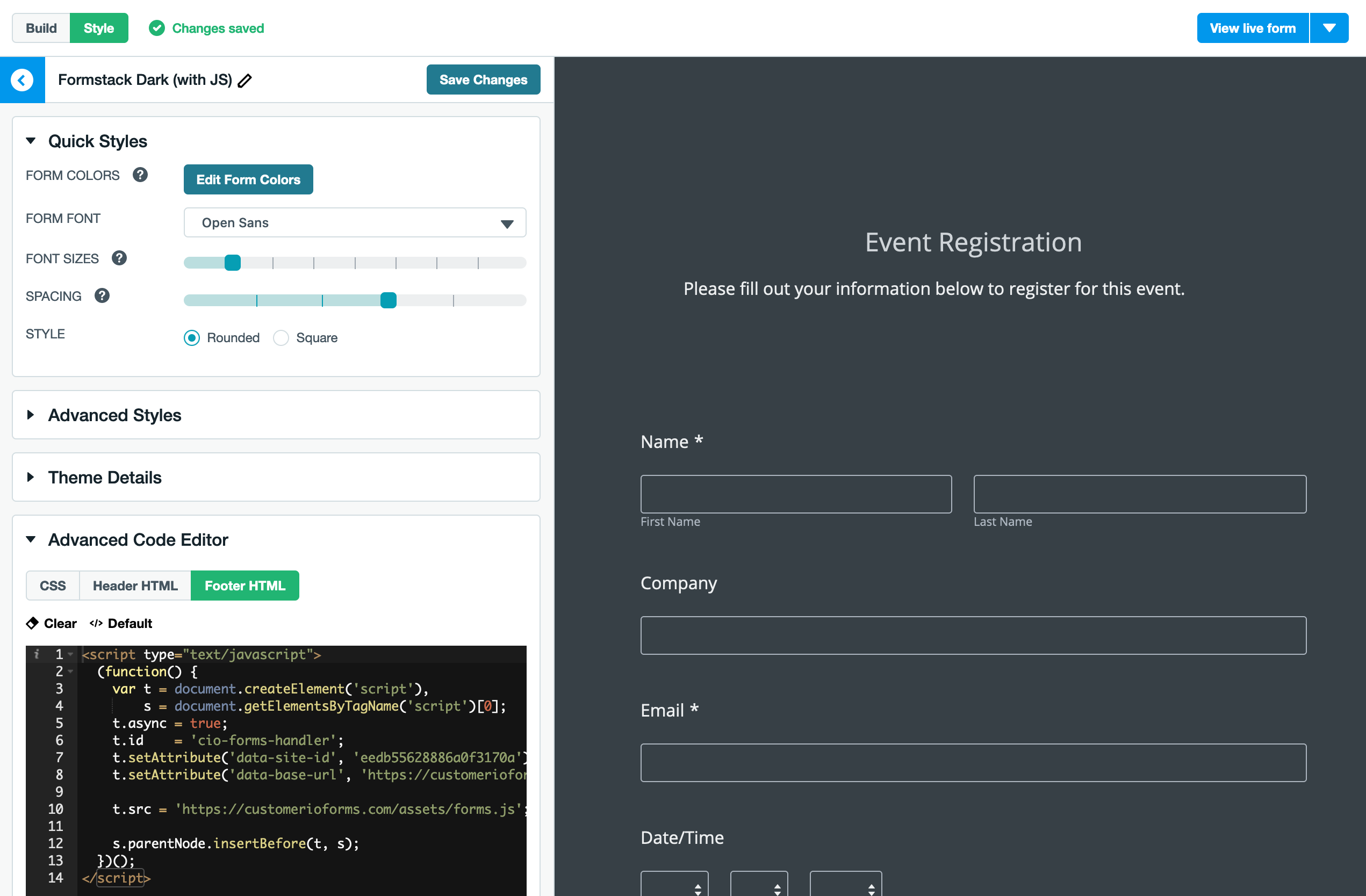 add Custom forms JavaScript in formstack