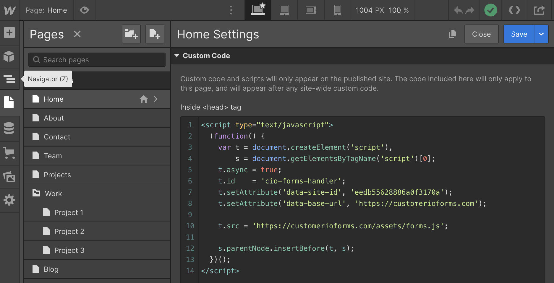 add Custom forms JavaScript in Webflow