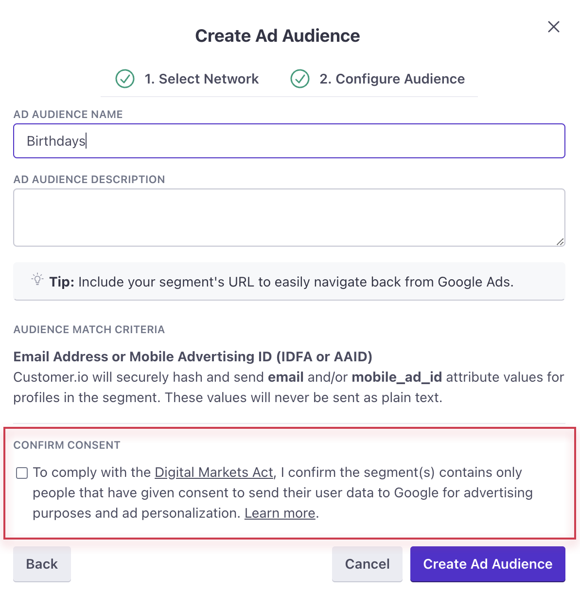 You must confirm that you have your audience's consent to sync a google ads segment.