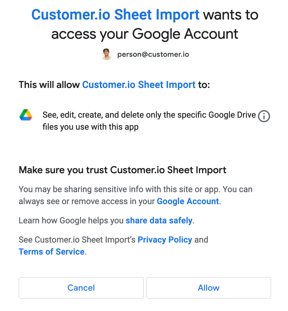 Authorize Customer.io to use your google sheets