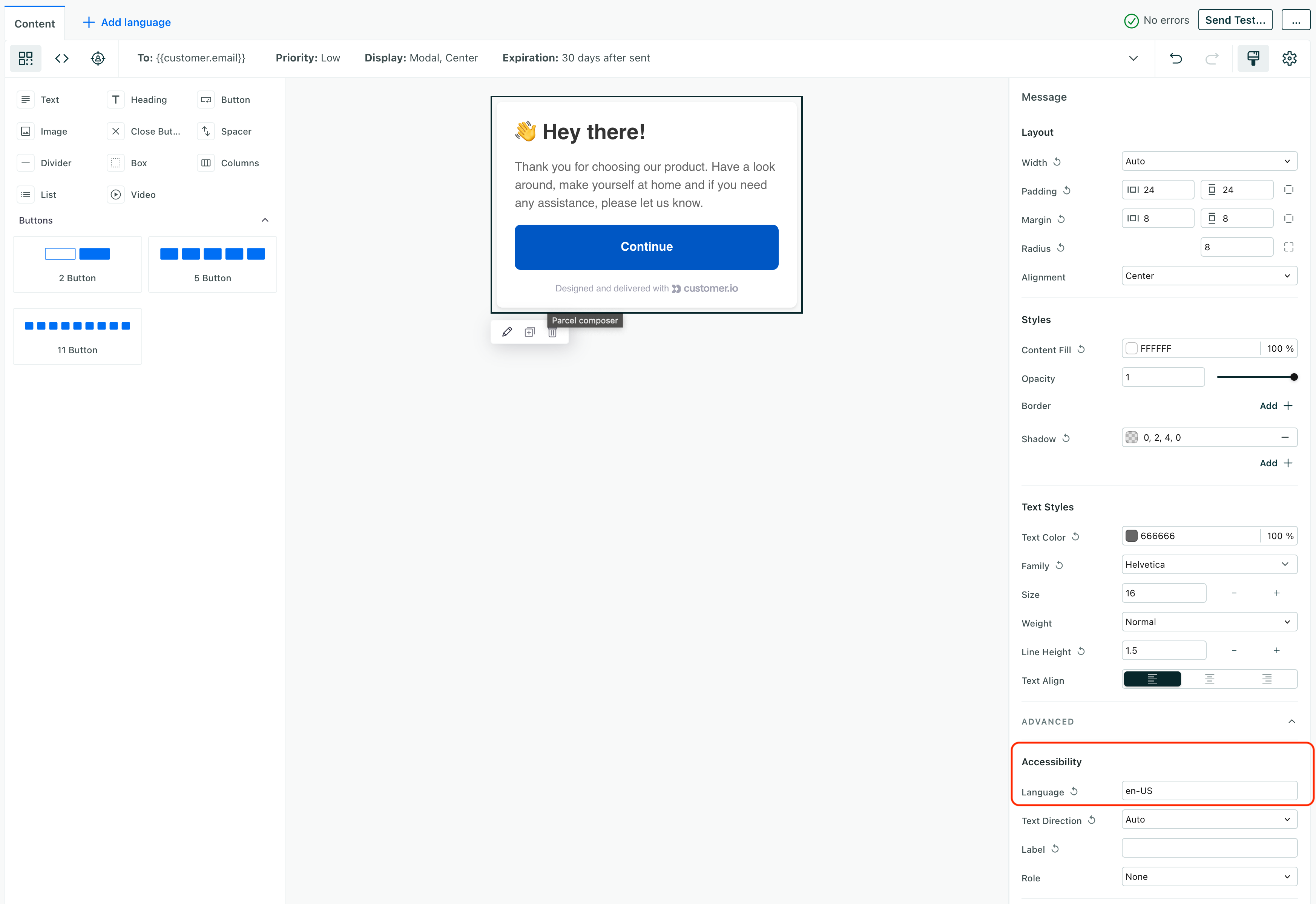 Set the language setting to apply a `lang` attribute to your message