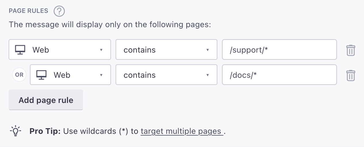 Set up page rules to limit in app messages by page