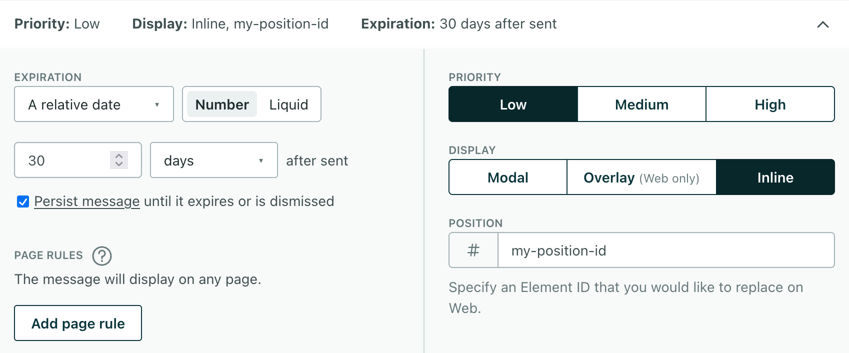 The setup for an inline message showing display set to inline with a position ID specifying where the message will appear