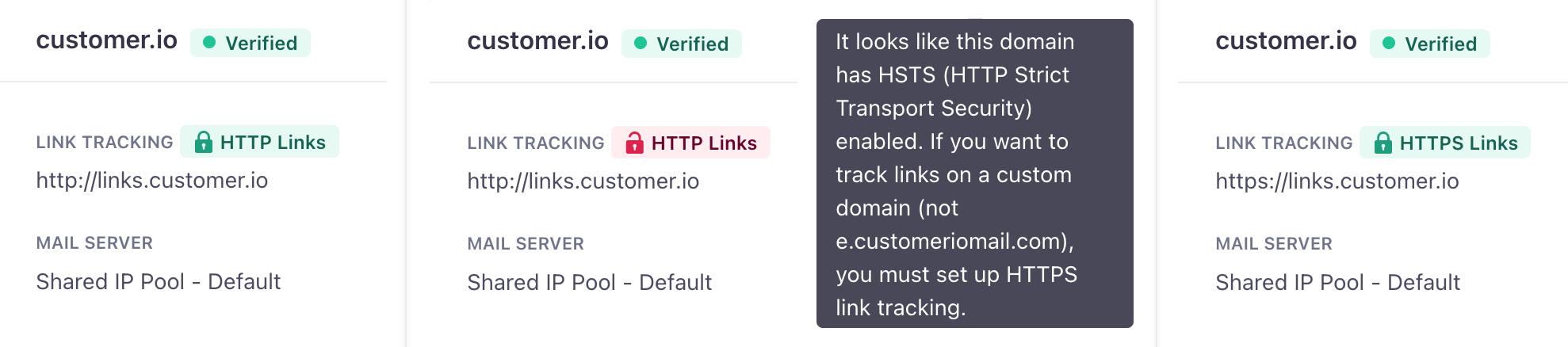 HTTP, HTTP with HSTS errors, and HTTPS status for tracked links.