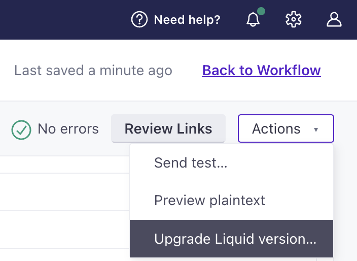 In the top right of an email, the Actions dropdown is open. The bottom option to upgrade liquid versions is highlighted.