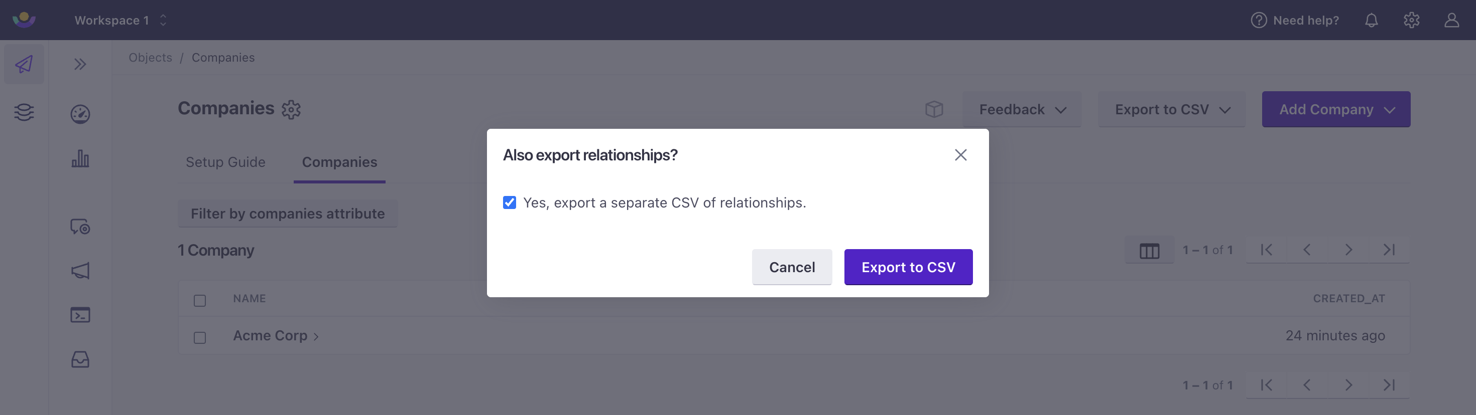 The box, labeled: Yes, export a separate CSV of relationships, is checked.