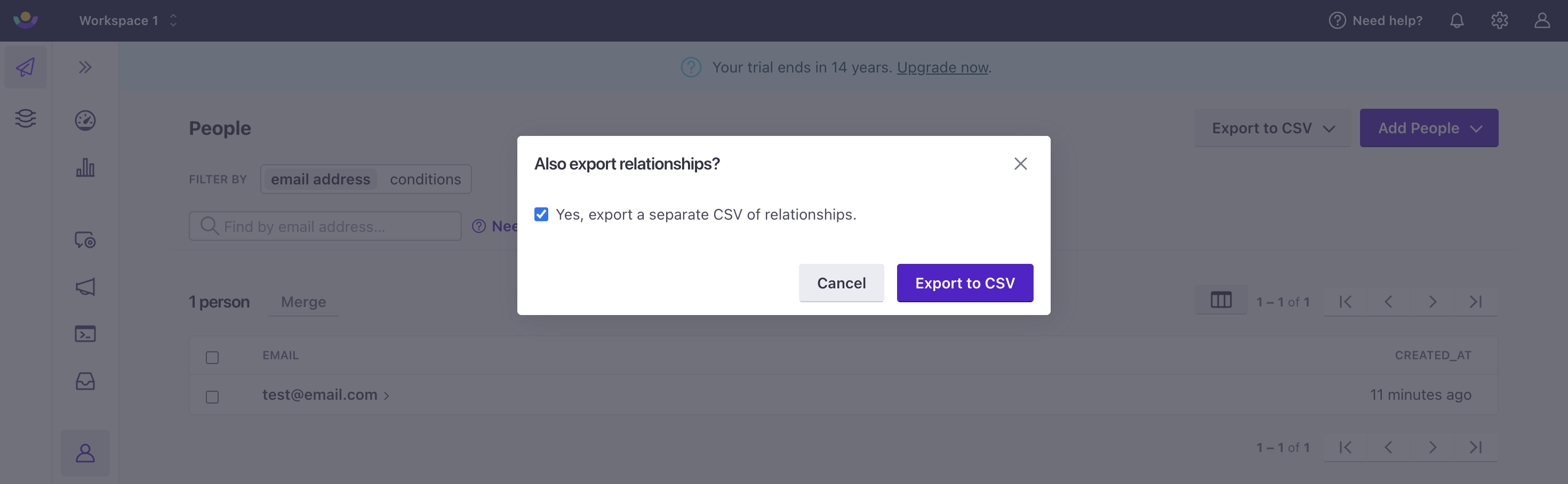 The box, labeled Yes, export a separate CSV of relationships, is checked.
