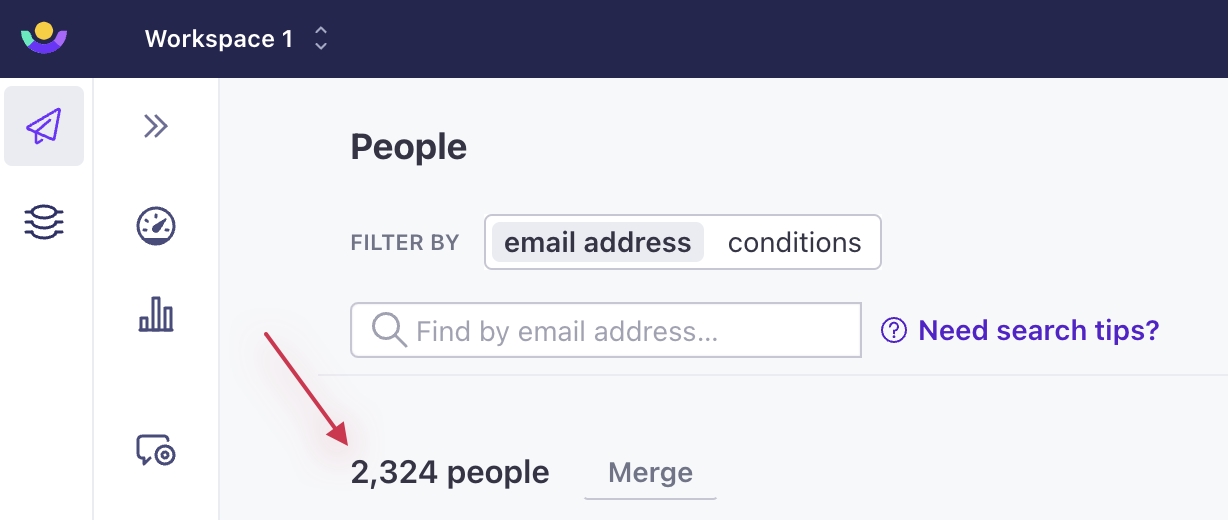Underneath the header People on the people page, there is a count of 2324 people.