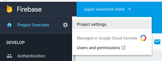 Access your project settings in firebase