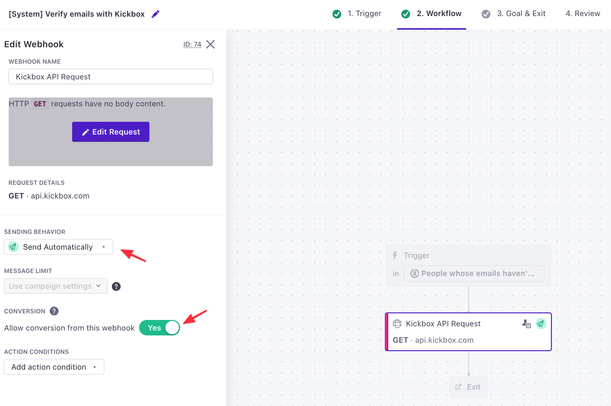 The campaign workflow in Customer.io with the Webhooks action selected. Arrows pointing to the Sending Behavior and Conversion options