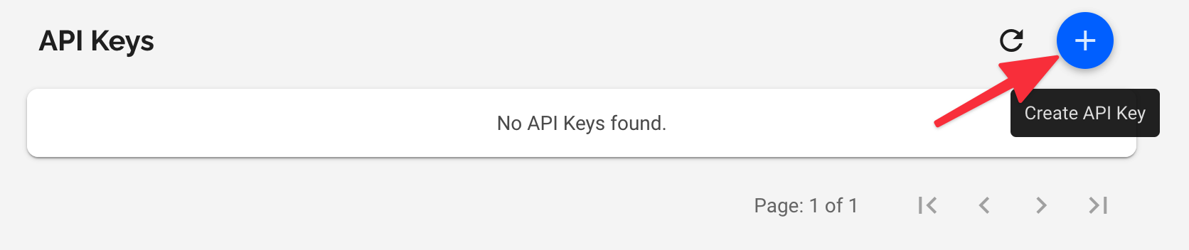 The menu of API Keys with an arrow pointing to the create api key button