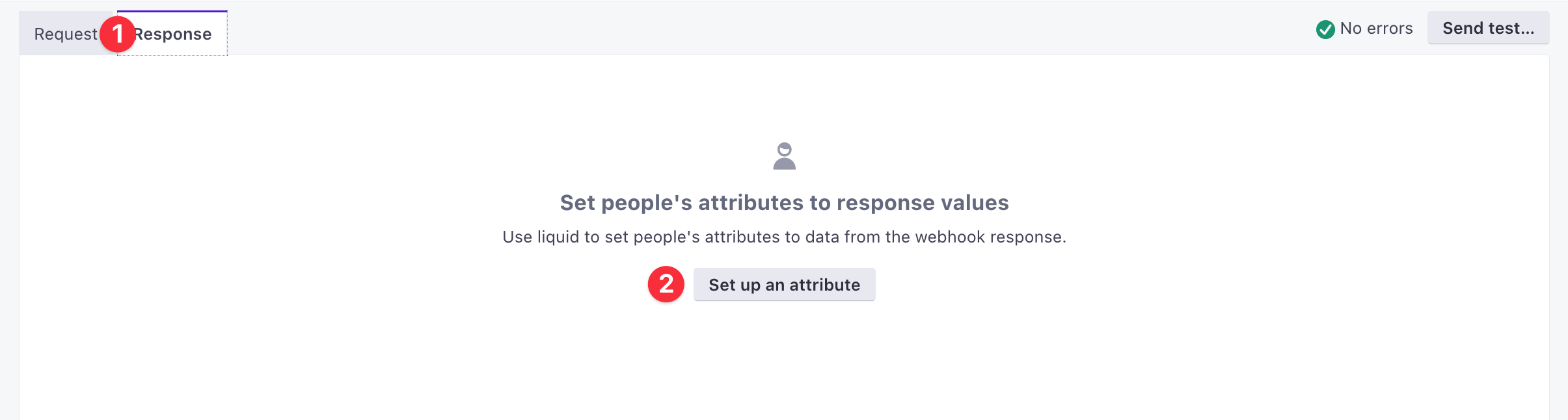 The Webhook response screen with numbered hints of where to click