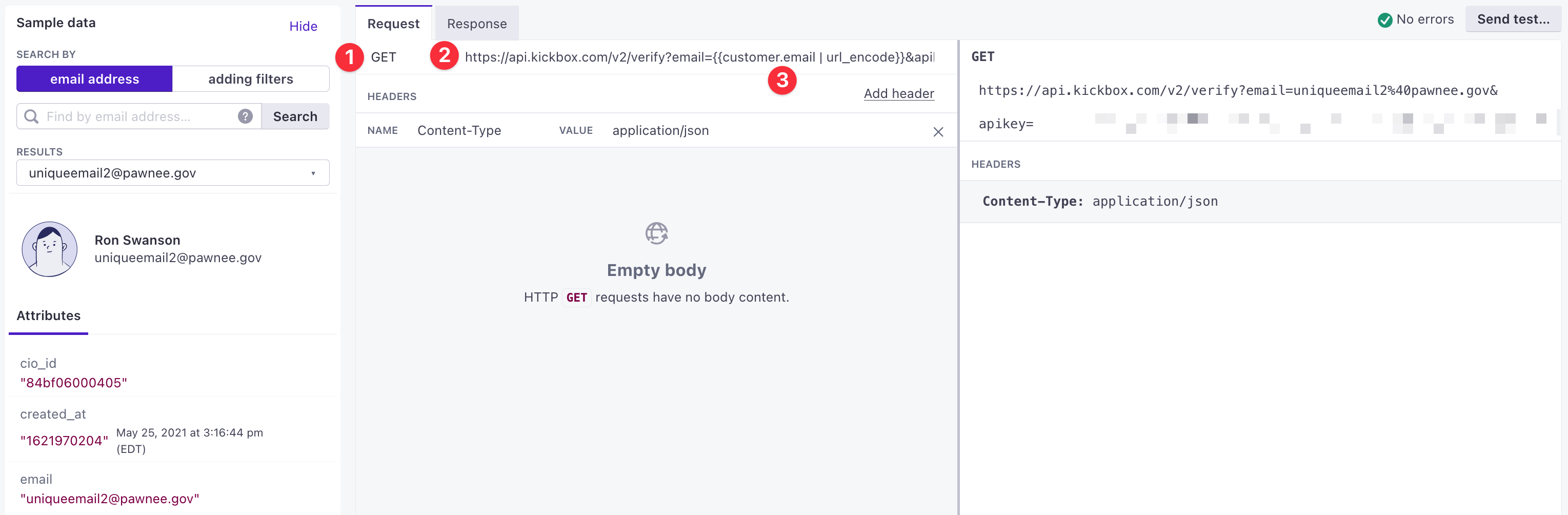 The Webhook request screen with numbered hints of options to change