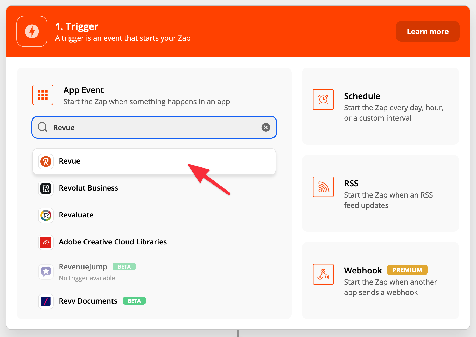 Step 1 of the Zapier integration: Select Revue for the App Event
