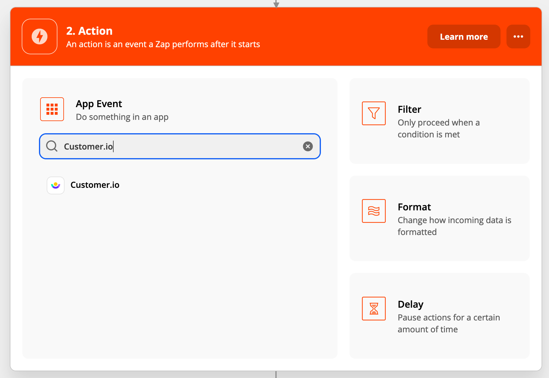 Step 4 of the Zapier integration: Select Customer.io for the App Event