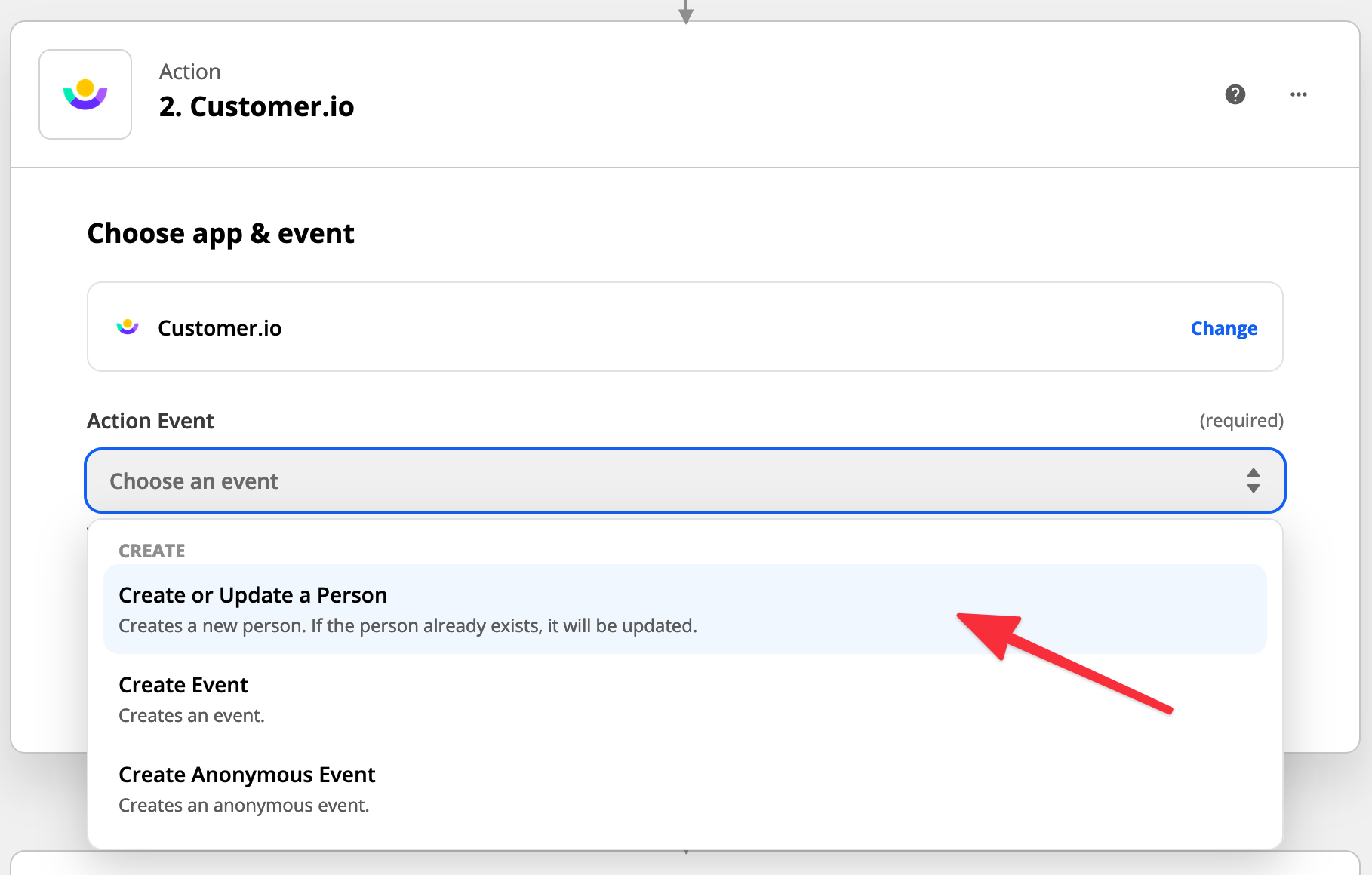 Step 5 of the Zapier integration: Select Create or Update a Person as the Action Event