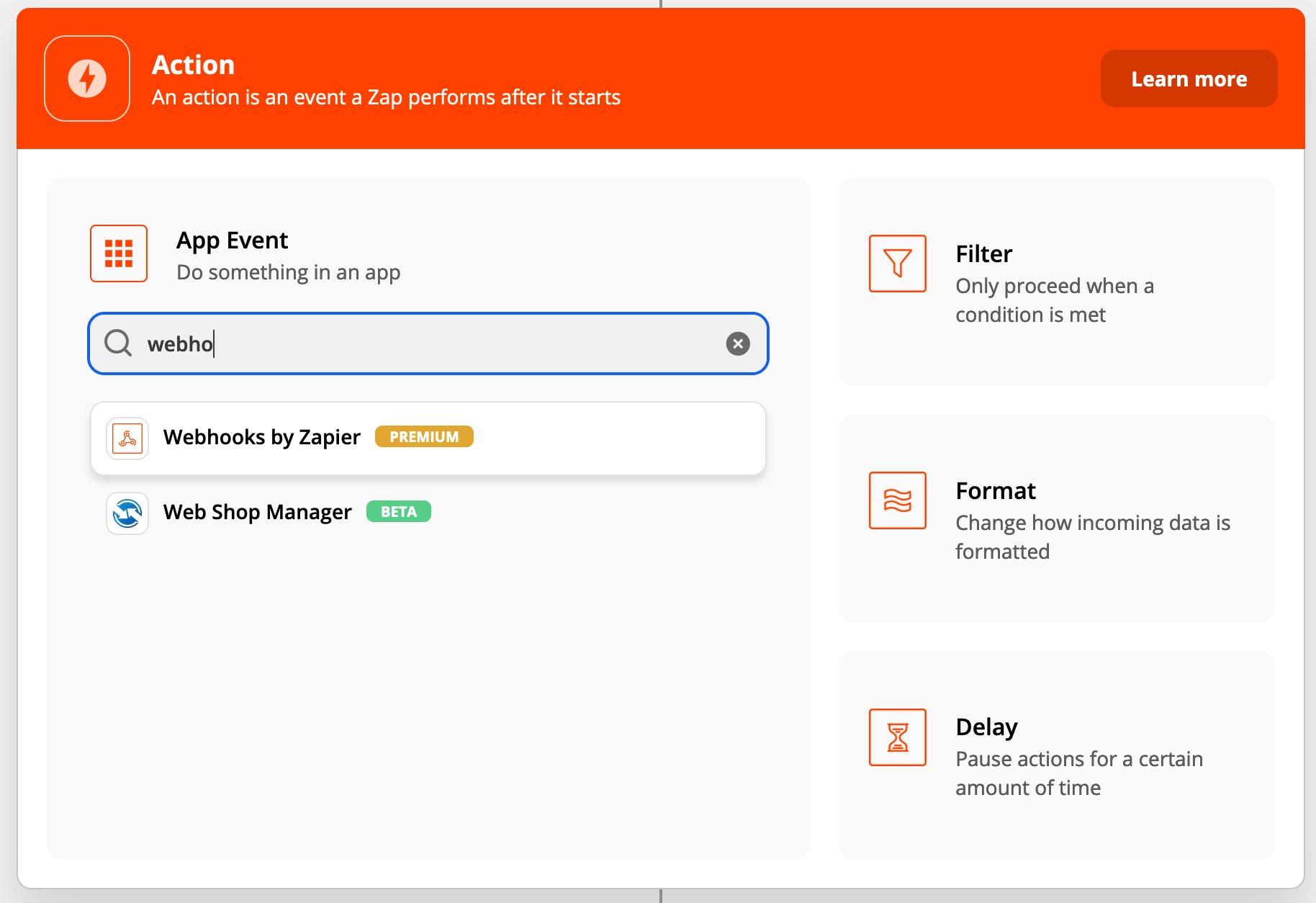 Step 1 of the advanced Zapier integration: Select Webhooks by Zapier as the App Event