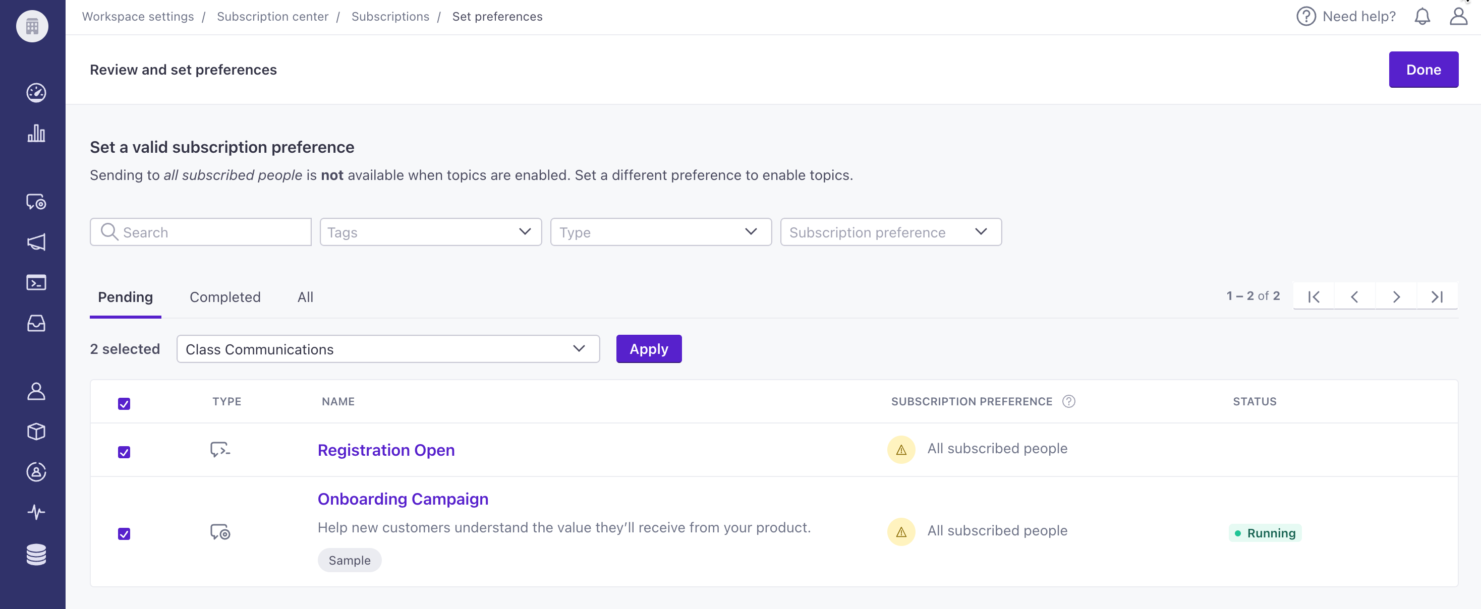 Assign subscription topics in bulk to live campaigns and broadcasts