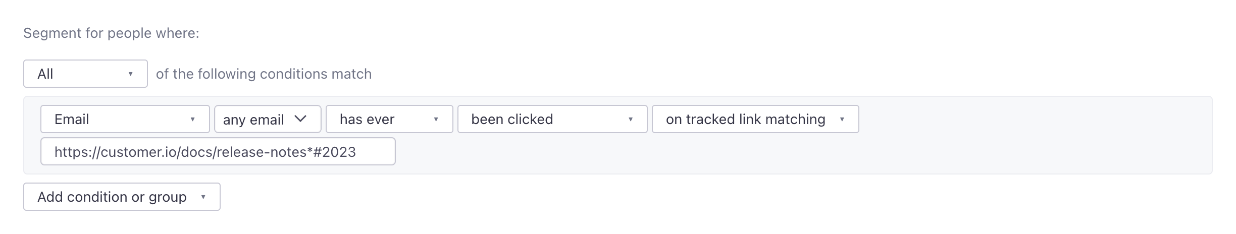 Email where any email has ever been clicked on tracked link matching https://customer.io/docs/release-notes*#2023