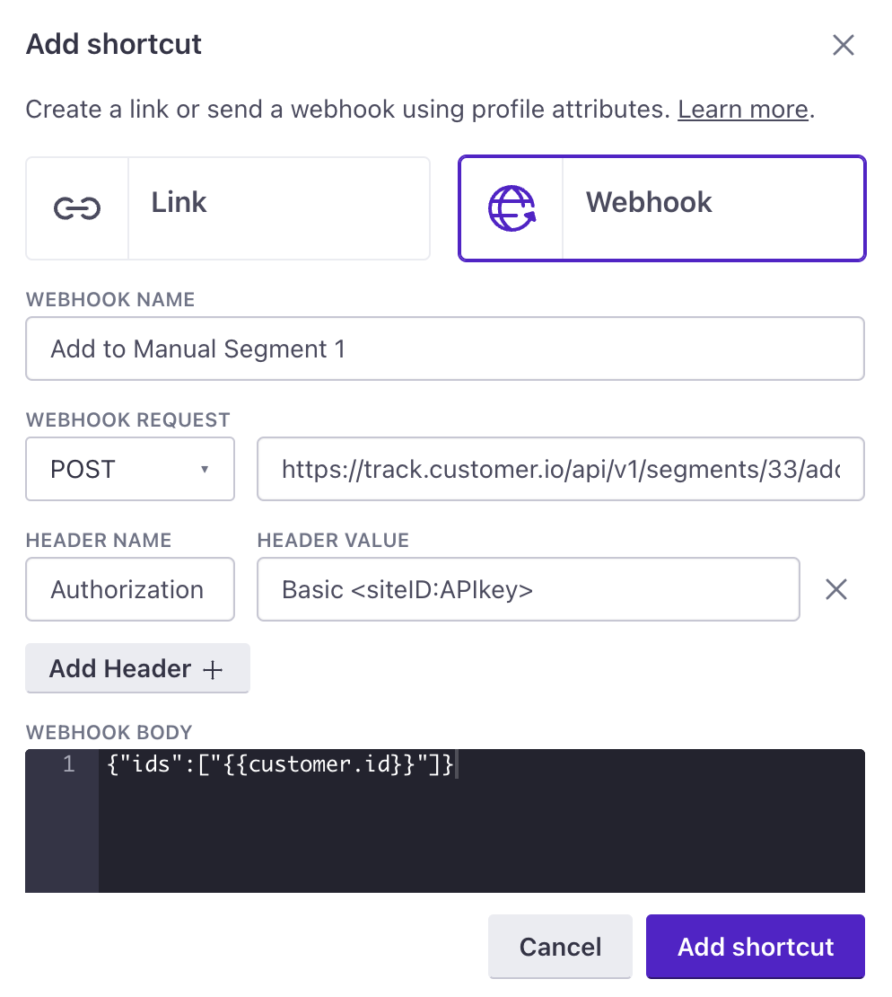 The shortcut creation modal shows webhook selected. The name, method, URL, header, and body are filled in with the information from the following instructions.