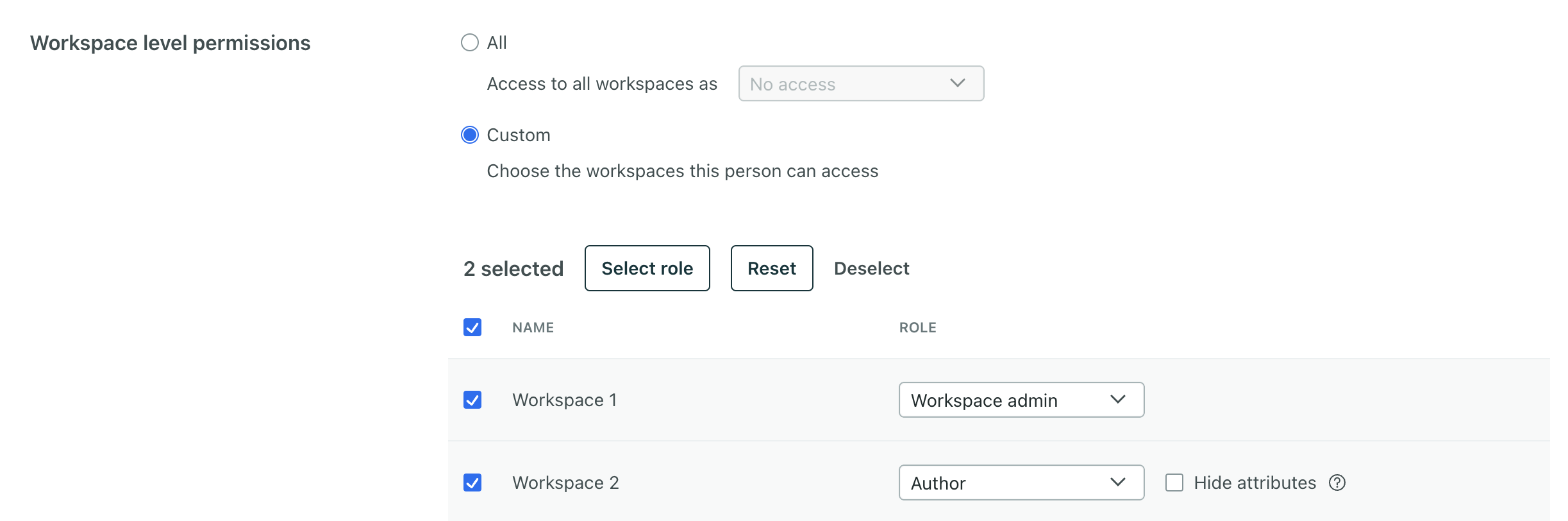 At the bottom of the Invite team member page, there is a a section titled Workspace level permissions. The radial to the left of Custom is selected. Below that is a table with two columns for the name of a workspace and the role the person has in the workspace. The box to the left of each workspace is checked. The first is Workspace 1 and the role Workspace admin is selected. The second is Workspace 2 and the role Author is selected.