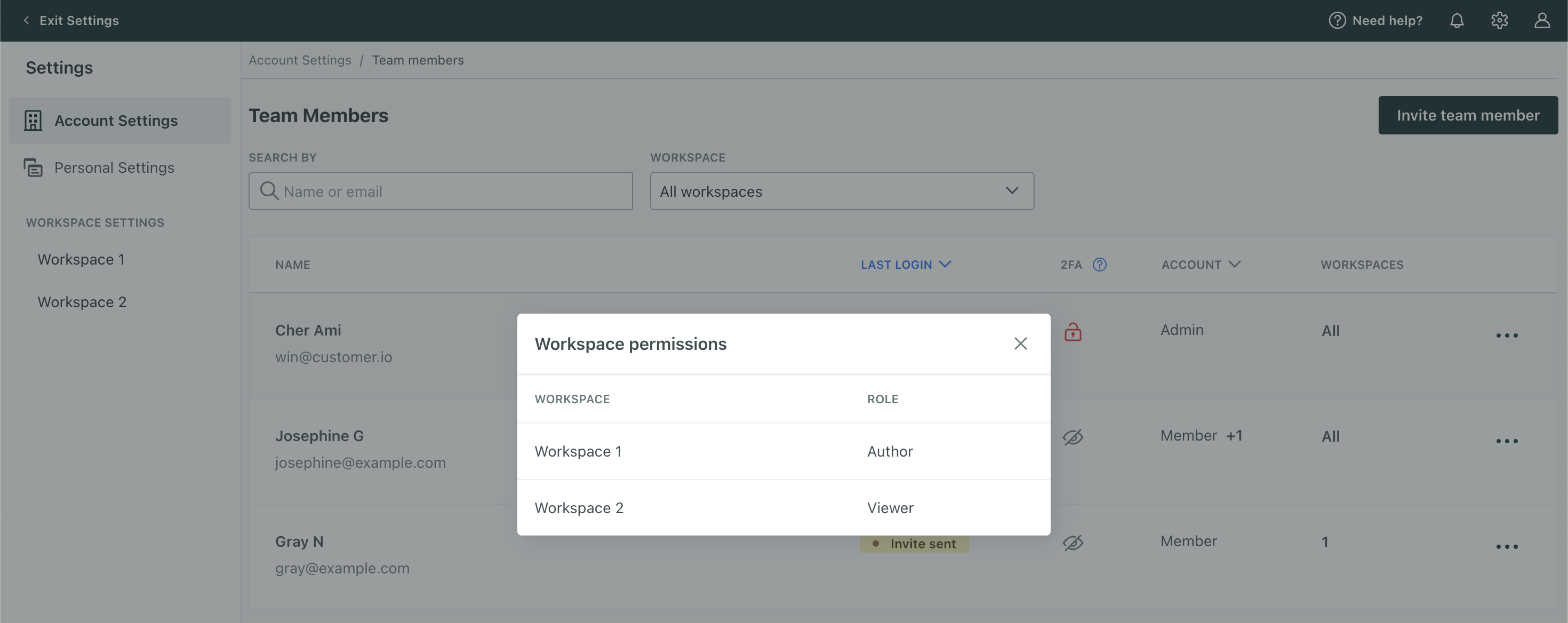 On the Team Member page, a pop-up appears showing a list of workspaces a team member has access to. In Workspace 1, they have the role of Author. In Workspace 2, they have the role of Viewer.