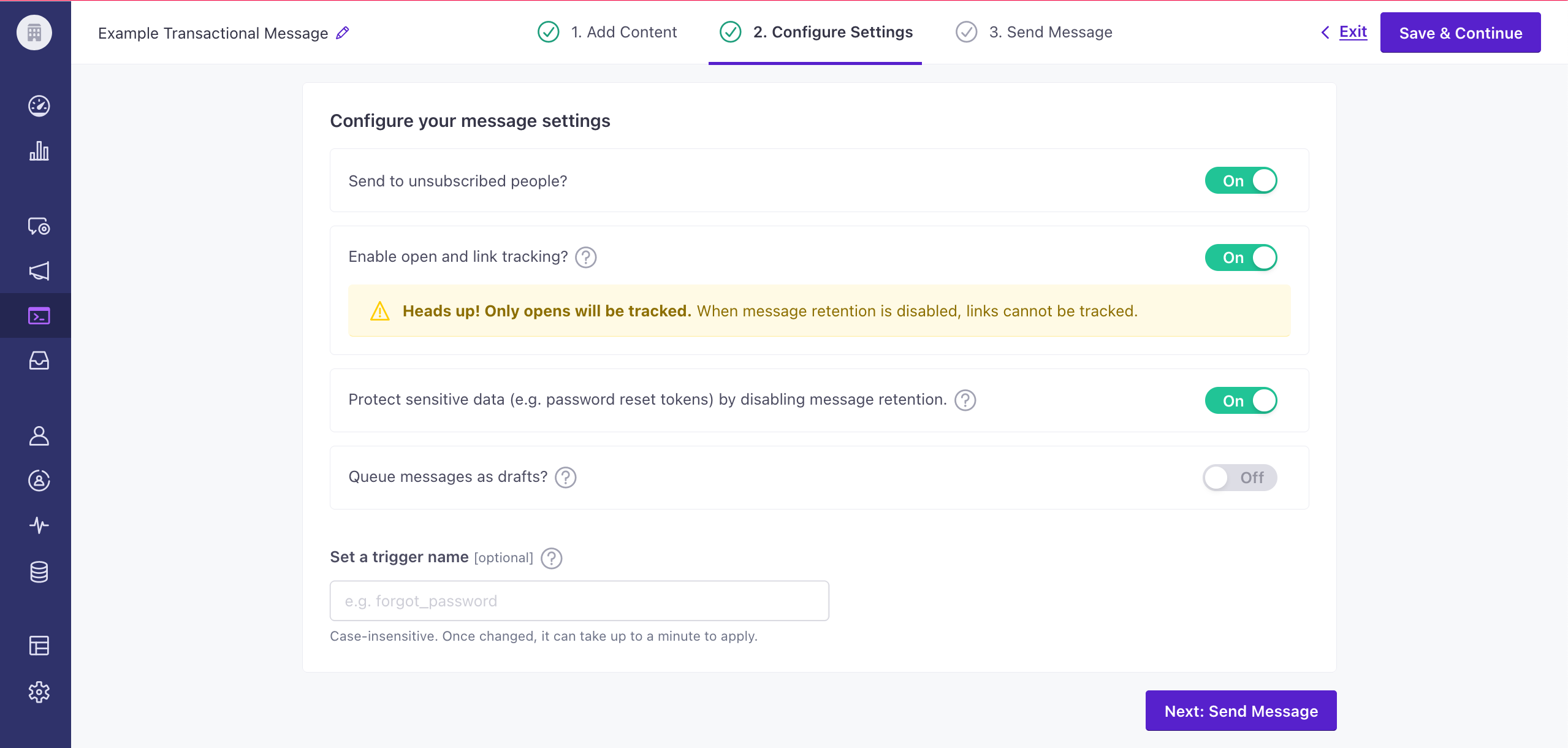 set up your first transactional message