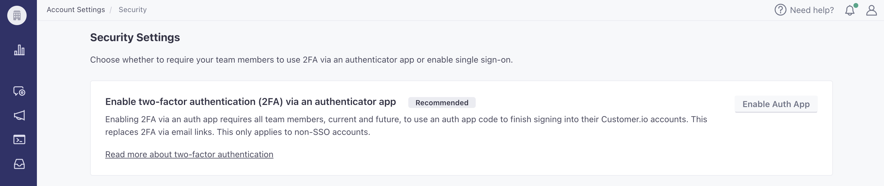 On the Security page, the first item reads: enable two-factor authentication (2FA) via an authenticator app. To the right is a button to enable this. It is disabled until an admin starts to use it on their own account.