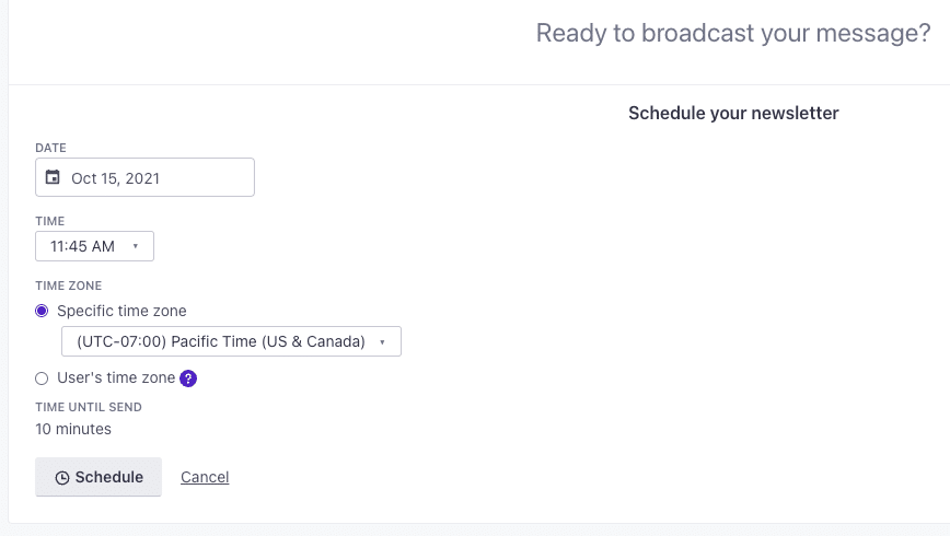 Newsletter scheduling screen in Customer.io