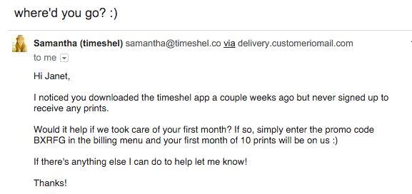 Timeshel mobile app activation email