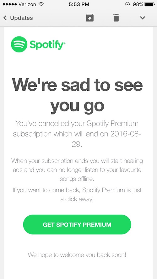 Spotify cancellation email