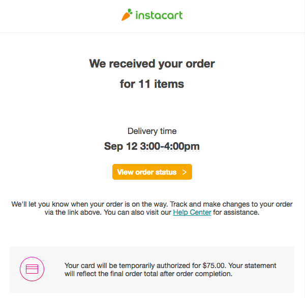 Instacart order confirmation email