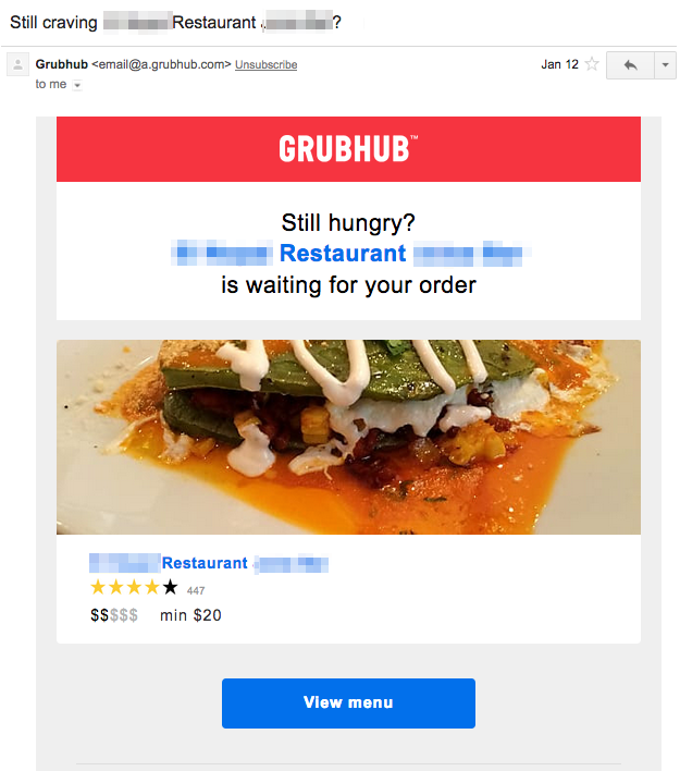 Grubhub cart abandonment email example
