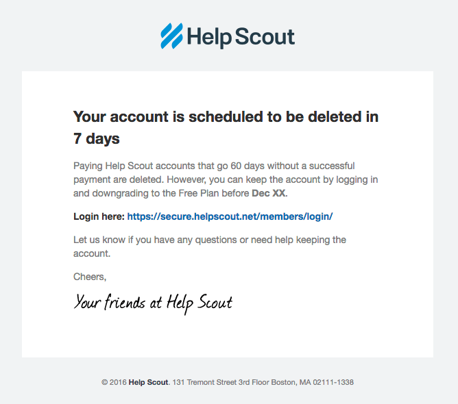 Helpscout dunning transactional email marketing example