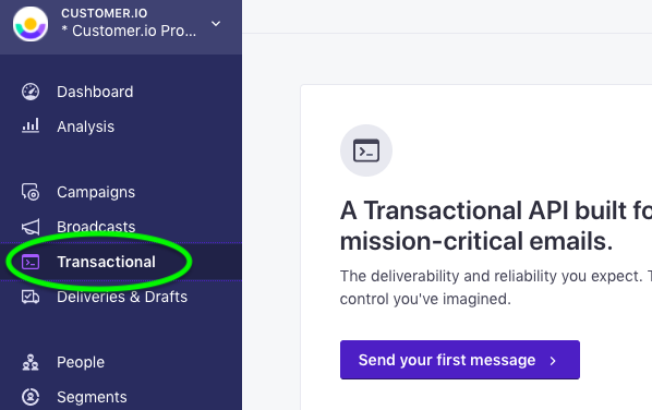 Select "Transactional" in the navigation menu to send your first message. 