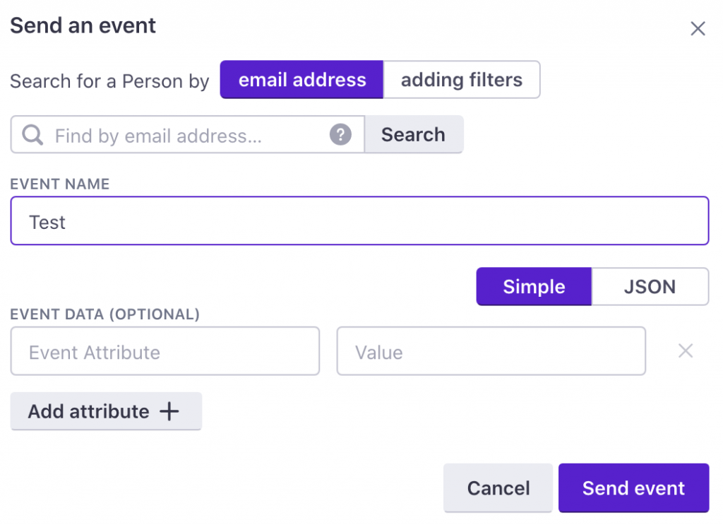 Manually sending an event is simple. Enter event name and event data (optional), then click the "Send event" button. 
